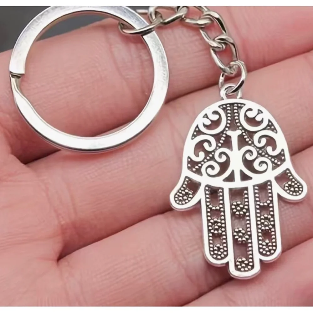 Hamsa hand keychain bag charm silver intricate metal dangling